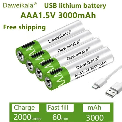 USB AAA Type C + Cable Rechargeable Batteries 1.5V 3000mAh li-ion battery