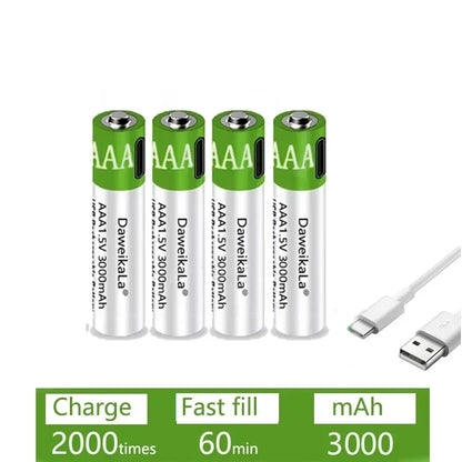 USB AAA Type C + Cable Rechargeable Batteries 1.5V 3000mAh li-ion battery