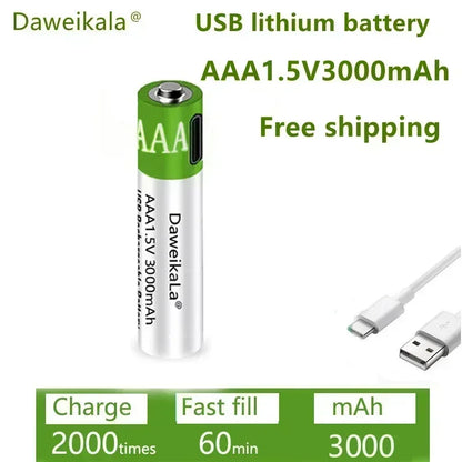 USB AAA Type C + Cable Rechargeable Batteries 1.5V 3000mAh li-ion battery